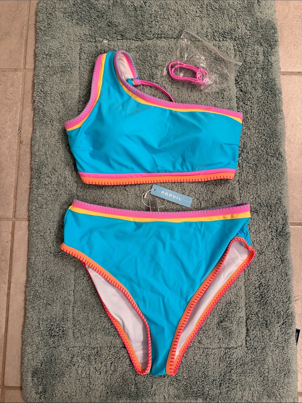 Turquoise One-Shoulder Bikini with Pink & Orange Trim
